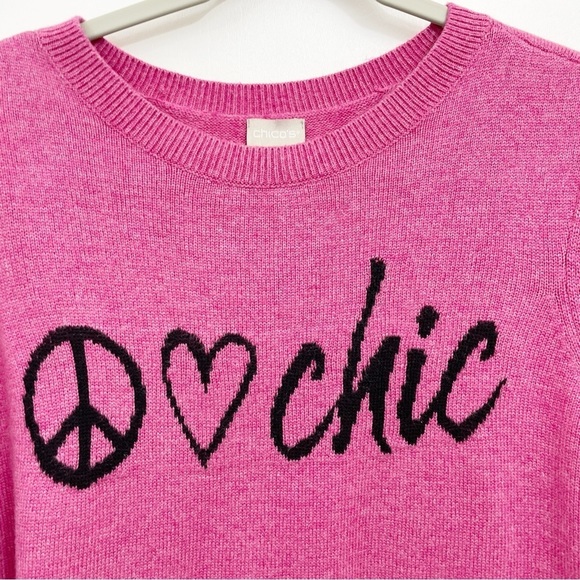 Chico's 2 Large Wool Blend Sweater Pink Peace Love Chic Crew Neck - Picture 2 of 6